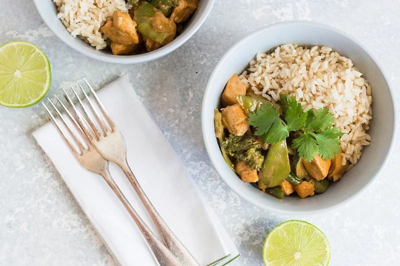 Chicken and vegetable red curry with brown rice