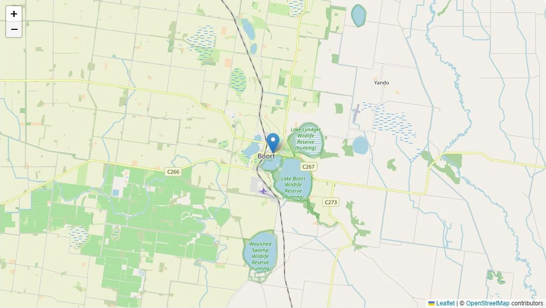 Current Food Map centred on Boort, Victoria, with a location marker, zoom controls and OpenStreetMap attribution