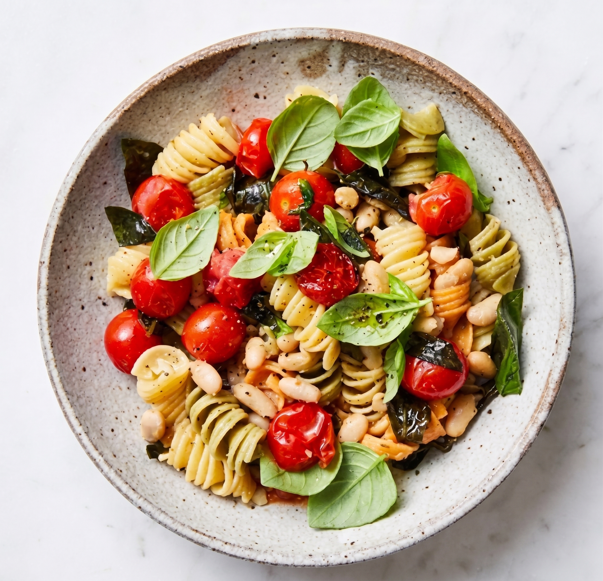 Colourful tomato and vegetable pasta served in a bowl