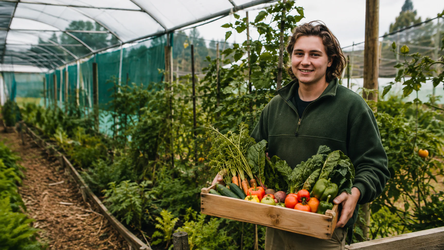 Young adult holding a crate of fresh vegetables in a regional greenhouse